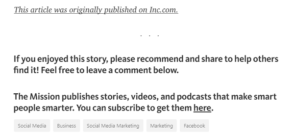 Aggiungi il link al post originale e un invito all'azione per iscriverti ai tuoi contenuti in fondo ai tuoi articoli su Medium.