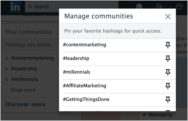 Fai clic sull'icona della puntina accanto agli hashtag di LinkedIn che desideri aggiungere al segnaposto al tuo elenco.