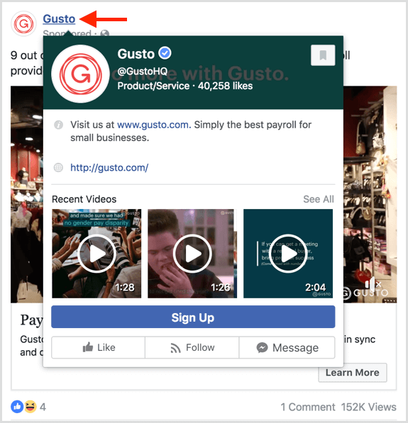 Gli utenti vedono un'anteprima quando passano il mouse su una pagina negli annunci di Facebook.