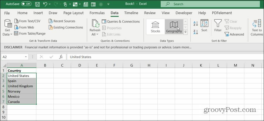 selezionare i paesi in Excel