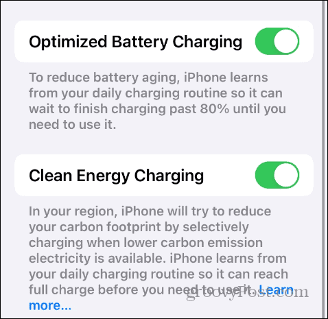 Impostazioni di ricarica della batteria in iOS