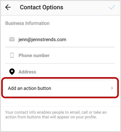 Aggiungi un'opzione del pulsante di azione nella schermata Opzioni di contatto di Instagram