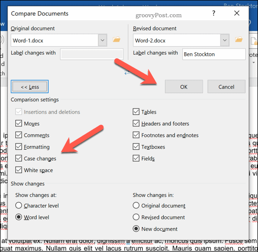 Opzioni extra di confronto dei documenti di Word.