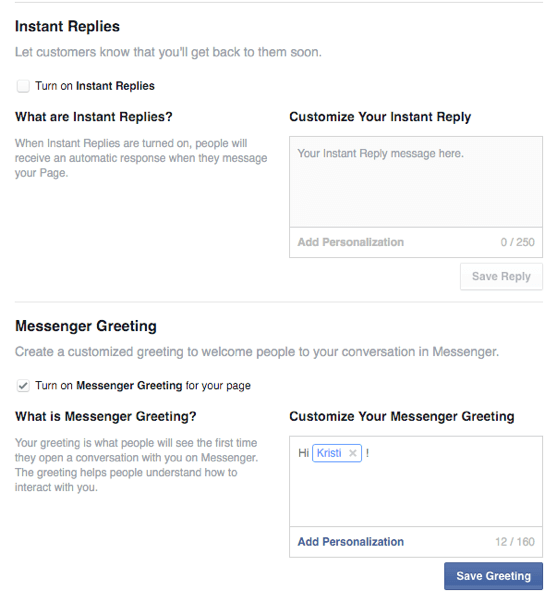 opzioni per risposte istantanee e saluti di Facebook