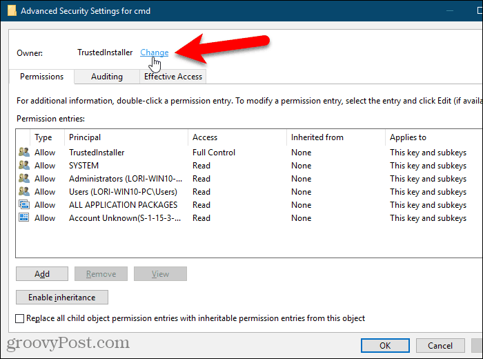 Fare clic sul collegamento Modifica per il proprietario di una chiave nel registro di Windows