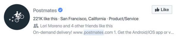 Postmates descrizione della ricerca della pagina Facebook su Facebook.