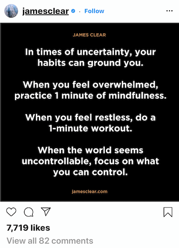 James Clear su Instagram post su come le abitudini possono radicarti in tempi di incertezza