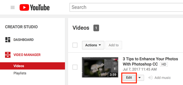 Apri Creator Studio e fai clic sul pulsante Modifica per il tuo video in Gestione video.