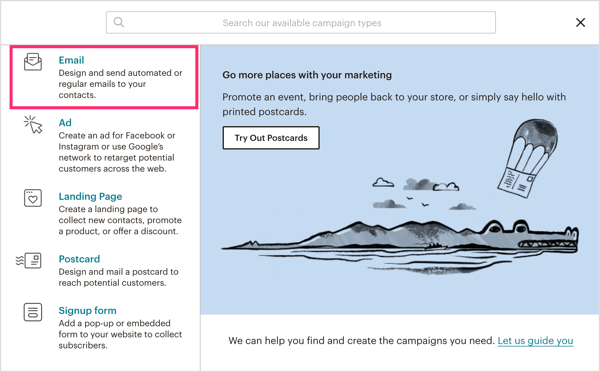 Seleziona Email come tipo di campagna in Mailchimp.