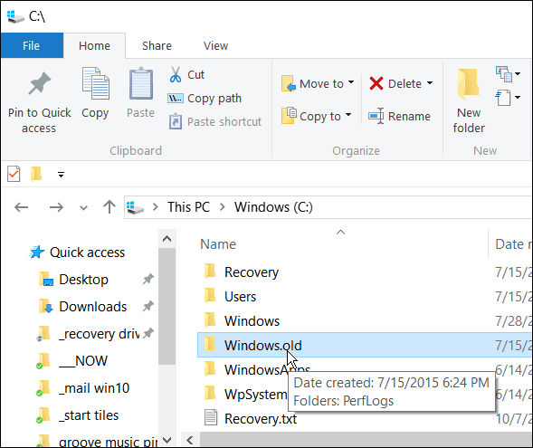 Non eliminare Windows.old se desideri tornare da Windows 10 a una versione precedente nei primi 30 giorni