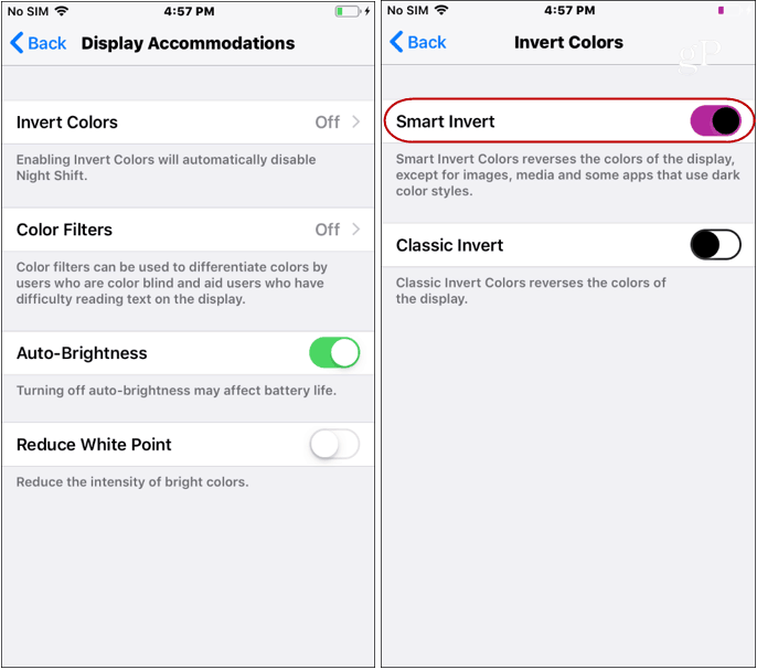 Le impostazioni della modalità Dark iOS invertono i colori