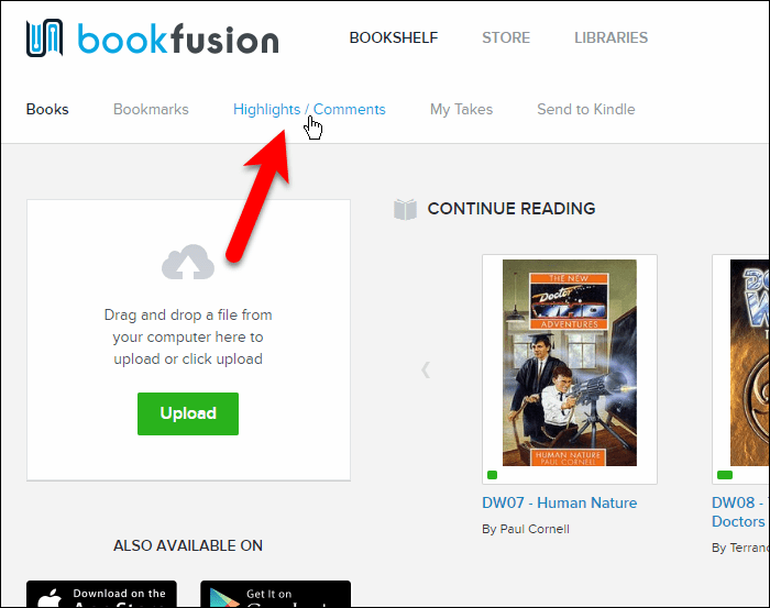 Fai clic su In evidenza / Commenti nell'interfaccia web di BookFusion