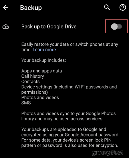 Backup delle impostazioni di backup Android da guidare