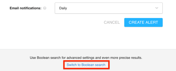 Fare clic sul pulsante Passa alla ricerca booleana in Awario per accedere alla funzione di ricerca booleana.