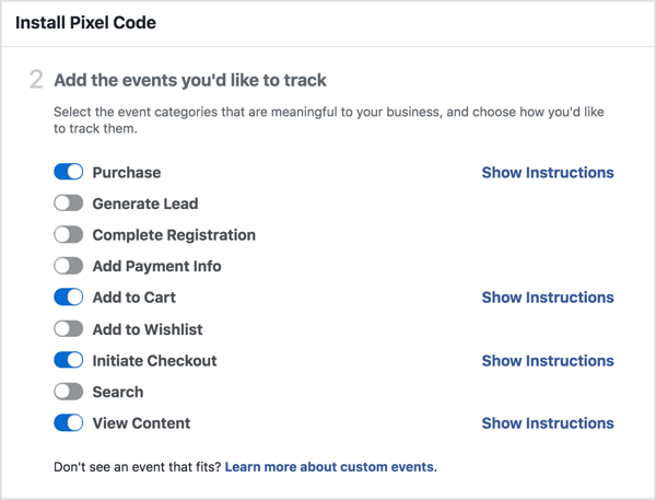 Scegli gli eventi che desideri monitorare con il pixel di Facebook.