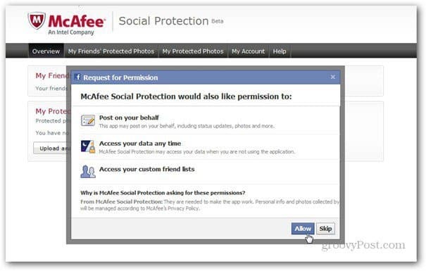 permessi di protezione sociale mcaffee facebook