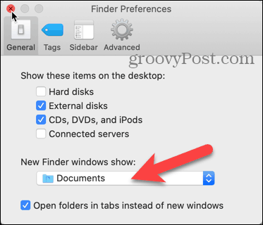 Fai clic sull'elenco a discesa Mostra nuove finestre del Finder in Preferenze del Finder sul tuo Mac