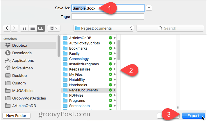 Seleziona la posizione per il file esportato e fai clic su Esporta in Pages per Mac