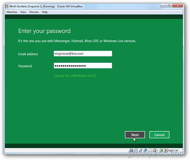 ID live collegamento VirtualBox Windows 8