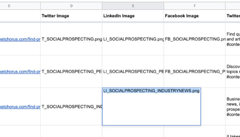 esempio di foglio google con dati parziali compilati per twitter, linkedin, nomi di immagini facebook come appena creato in canva