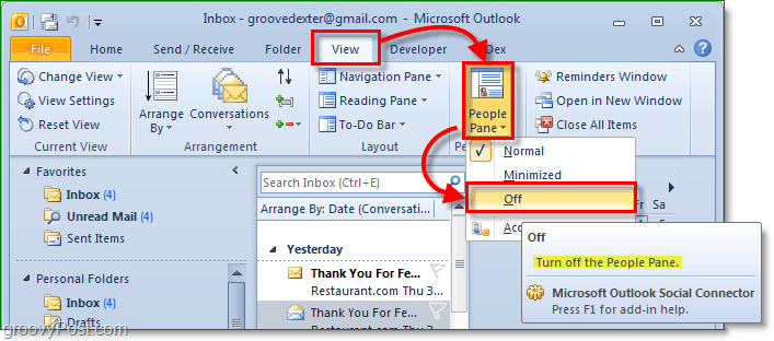 come disattivare il riquadro delle persone in Microsoft Office Outlook 2010