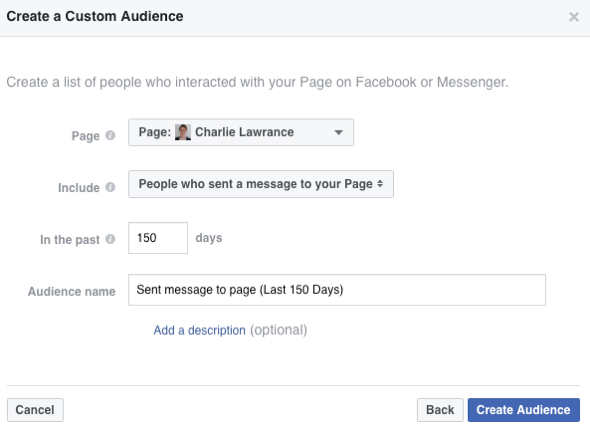 Seleziona l'opzione per creare un pubblico di persone che hanno inviato un messaggio alla tua pagina Facebook.