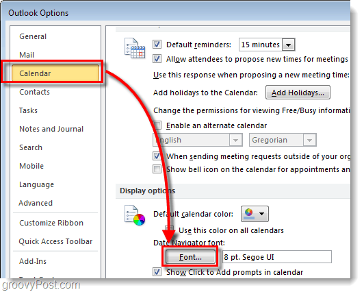 Come modificare il carattere del navigatore della data del calendario di Outlook 2010