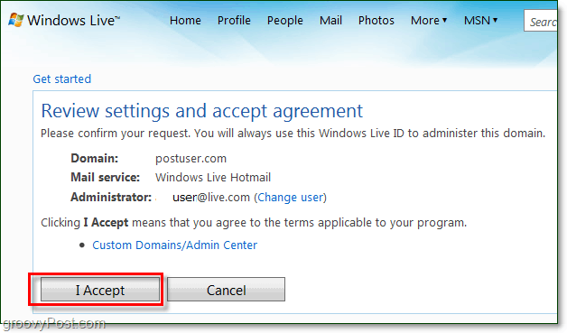 rivedere e accettare l'accordo sui termini dell'email di dominio Windows Live