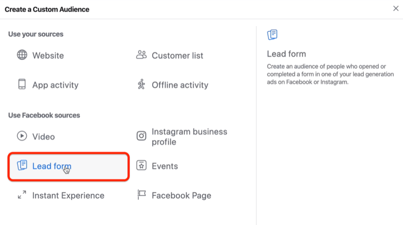 Opzione modulo lead per il pubblico personalizzato di Facebook