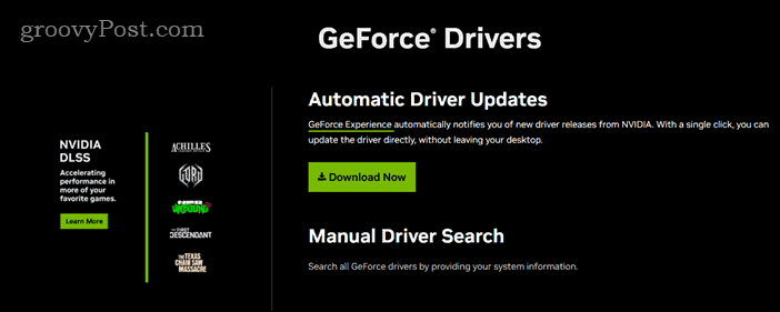 Pagina di download per i driver grafici NVIDIA