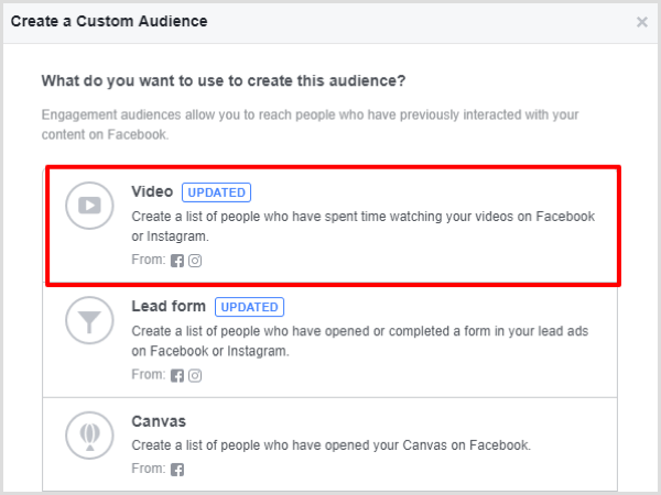 Seleziona l'opzione Coinvolgimento video per il tuo pubblico personalizzato di Facebook.