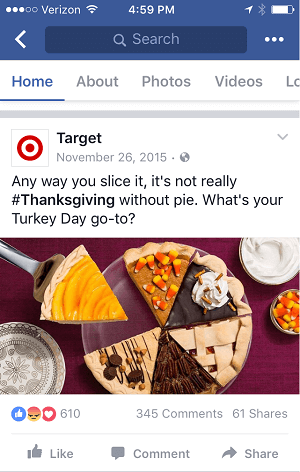 Questo post del Ringraziamento di Target viene visualizzato bene sia sui feed desktop che su quelli mobili.