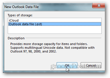 come creare il file pst per Outlook 2013 - fare clic sul file di dati di Outlook