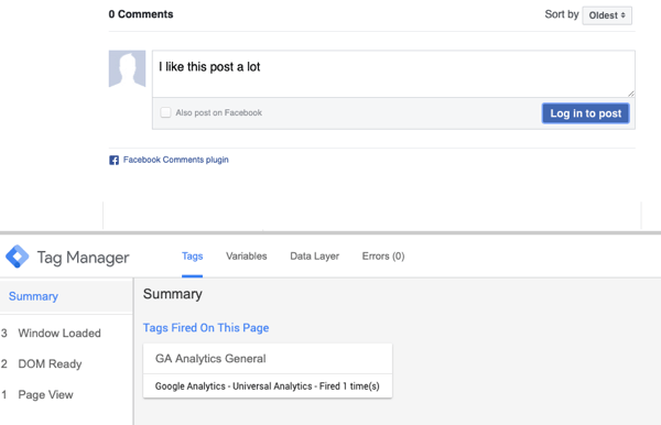Utilizza Google Tag Manager con Facebook, passaggio 23, anteprima del commento con selezione del riepilogo per il tag Facebook attivato