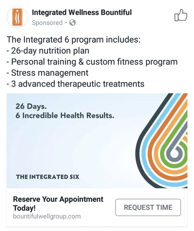 Tecniche pubblicitarie di Facebook che forniscono risultati, ad esempio di Integrated Wellness Bountiful che offre orari per appuntamenti