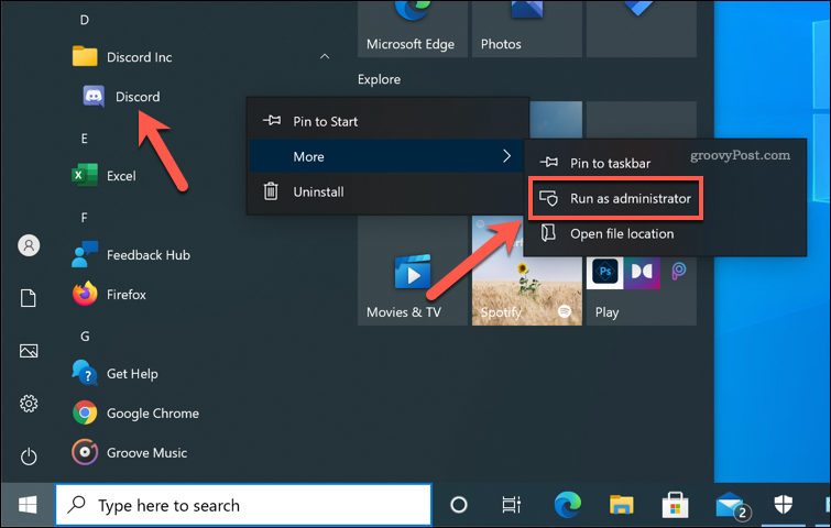 Esecuzione di Discord come amministratore su Windows 10