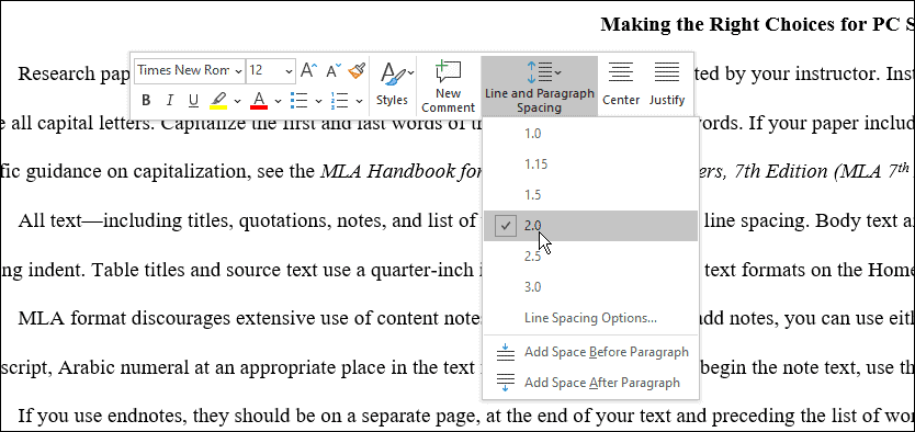la spaziatura usa il formato mla in Microsoft Word