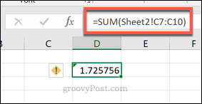 Una formula SOMMA di Excel che utilizza un intervallo di celle da un foglio di lavoro diverso