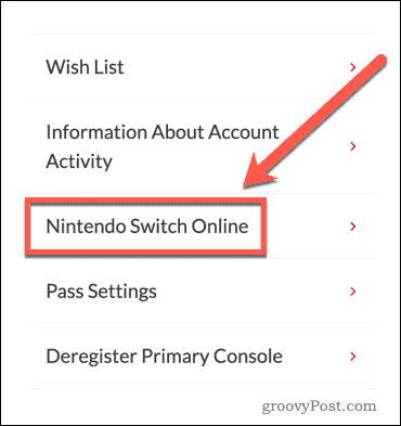 Impostazioni del sito Web di Nintendo Switch Online