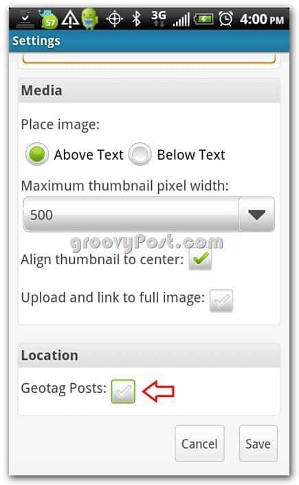 Wordpress su Android Aggiungi le impostazioni di geotag sui media