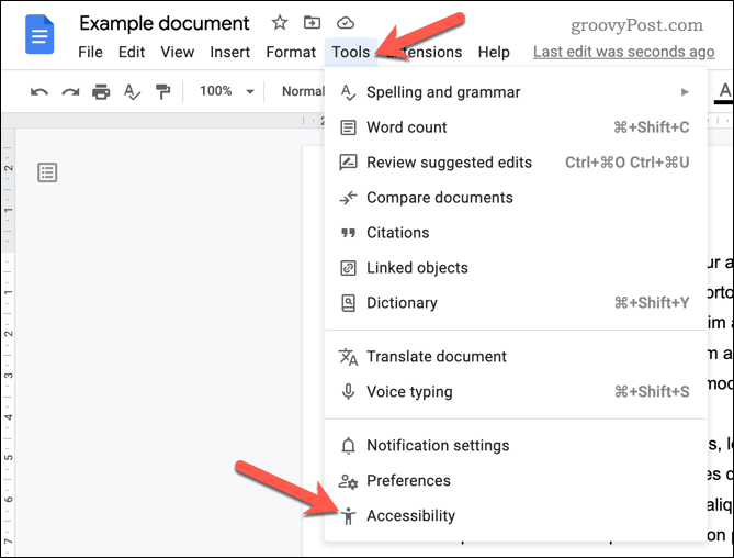 Apri il menu di accessibilità di Google Documenti