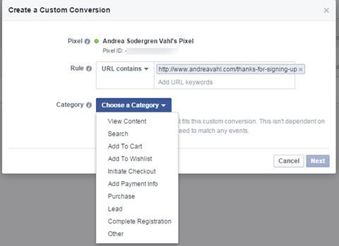 categoria conversioni personalizzate di Facebook
