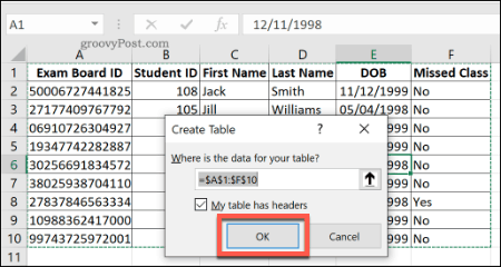Creazione di una tabella standard in Excel