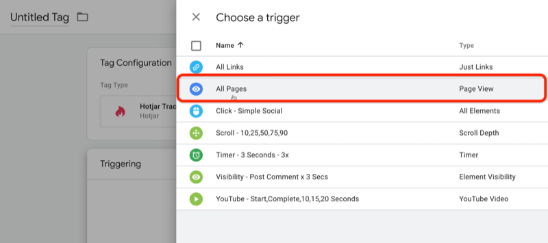 nuovo tag google tag manager con scegli un trigger di opzioni di menu con diverse note, tra cui clic - social semplice, scorrimento - 10,25,50,75,90, tempo - 3 secondi - 3x, tra le altre con tutte le pagine selezionate