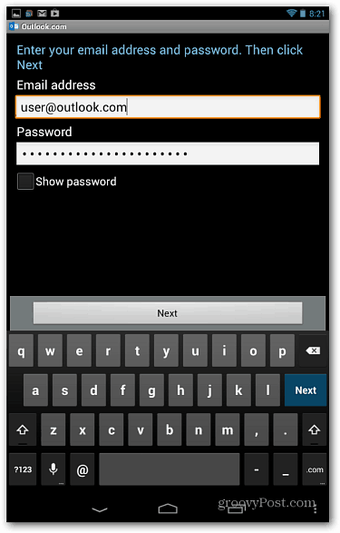 Inserisci Email Outlook App per Android