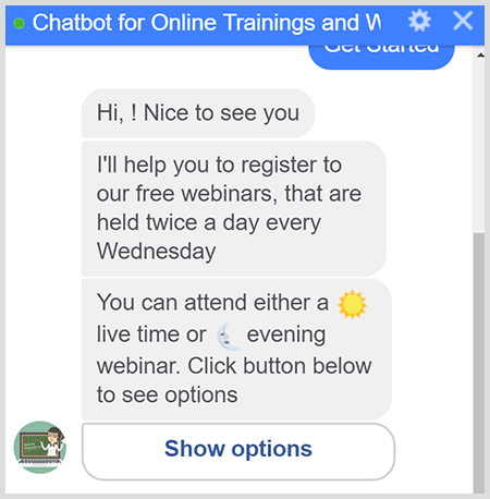 Un bot Messenger guida l'utente attraverso la registrazione al webinar.