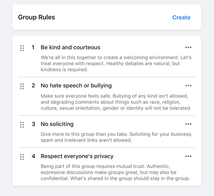 esempio di regole impostate per un gruppo Facebook come essere gentile, nessun incitamento all'odio, nessun sollecito, ecc.