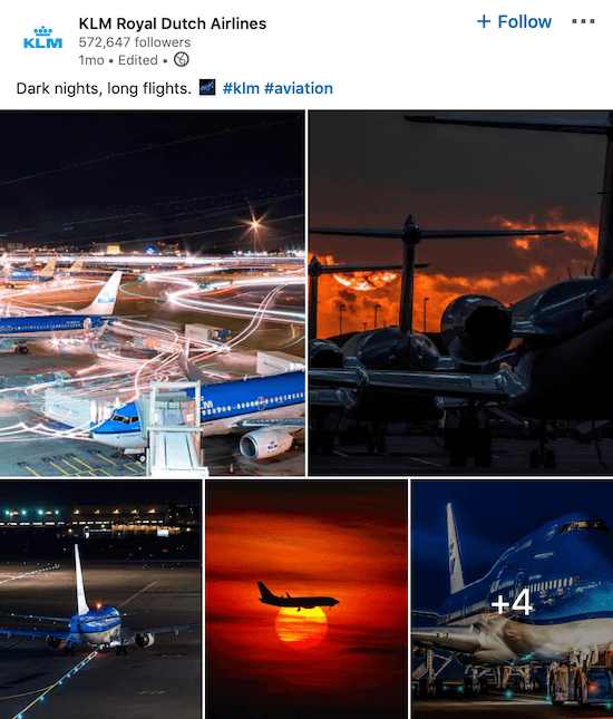 Post della pagina LinkedIn di KLM per più foto