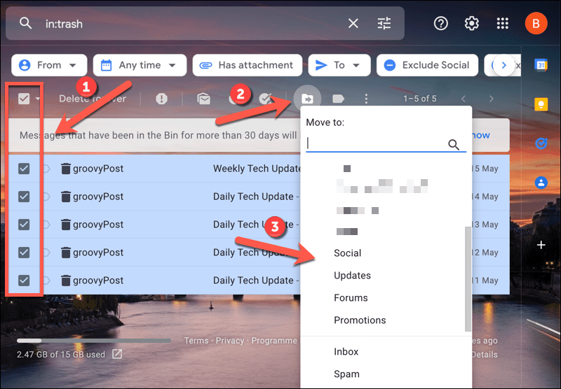 Spostare le email al di fuori della cartella del cestino di Gmail