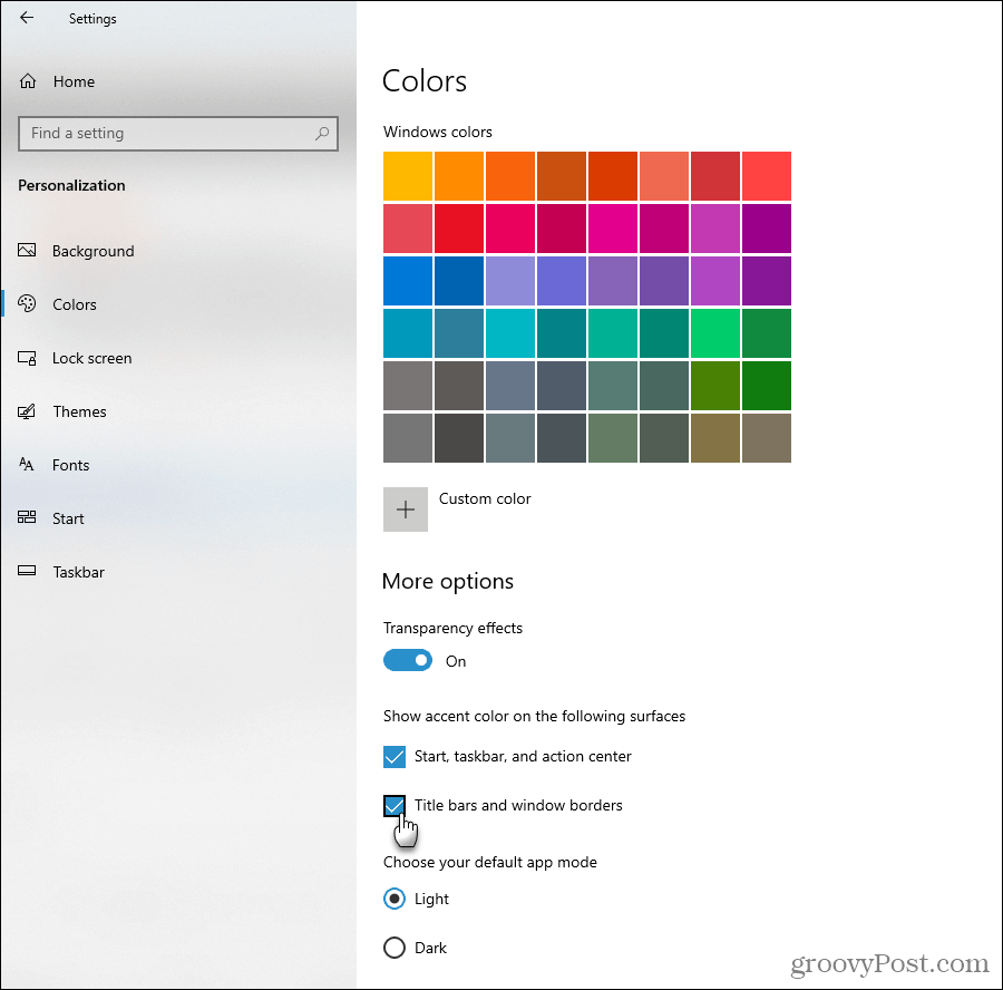 Mostra le opzioni di colore dell'accento in Windows 10